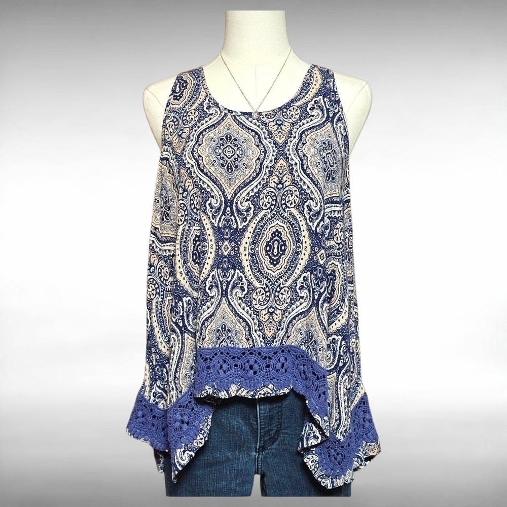 Altar'd State Rayon Boho Paisley Crochet Lace‎ Trim High Low Tank Top Womens M